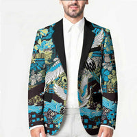 Japanese Hawaiian Crane Blazer Blue Tapa Patchwork Pattern
