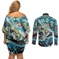 Japanese Hawaiian Crane Couples Matching Off Shoulder Short Dress and Long Sleeve Button Shirt Blue Tapa Patchwork Pattern