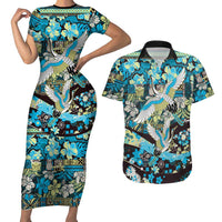 Japanese Hawaiian Crane Couples Matching Short Sleeve Bodycon Dress and Hawaiian Shirt Blue Tapa Patchwork Pattern