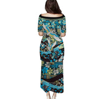 Japanese Hawaiian Crane Family Matching Puletasi and Hawaiian Shirt Blue Tapa Patchwork Pattern