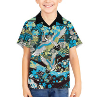 Japanese Hawaiian Crane Family Matching Tank Maxi Dress and Hawaiian Shirt Blue Tapa Patchwork Pattern
