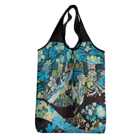 Japanese Hawaiian Crane Grocery Bag Blue Tapa Patchwork Pattern