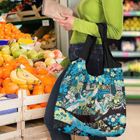 Japanese Hawaiian Crane Grocery Bag Blue Tapa Patchwork Pattern