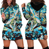 Japanese Hawaiian Crane Hoodie Dress Blue Tapa Patchwork Pattern