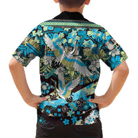 Japanese Hawaiian Crane Kid Hawaiian Shirt Blue Tapa Patchwork Pattern