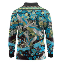 Japanese Hawaiian Crane Long Sleeve Polo Shirt Blue Tapa Patchwork Pattern
