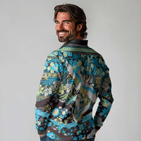 Japanese Hawaiian Crane Long Sleeve Polo Shirt Blue Tapa Patchwork Pattern