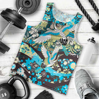 Japanese Hawaiian Crane Men Tank Top Blue Tapa Patchwork Pattern