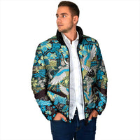 Japanese Hawaiian Crane Padded Jacket Blue Tapa Patchwork Pattern