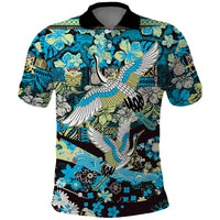 Japanese Hawaiian Crane Polo Shirt Blue Tapa Patchwork Pattern