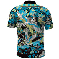 Japanese Hawaiian Crane Polo Shirt Blue Tapa Patchwork Pattern