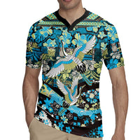 Japanese Hawaiian Crane Rugby Jersey Blue Tapa Patchwork Pattern