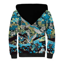 Japanese Hawaiian Crane Sherpa Hoodie Blue Tapa Patchwork Pattern