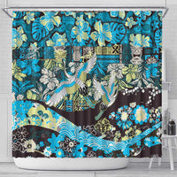 Japanese Hawaiian Crane Shower Curtain Blue Tapa Patchwork Pattern