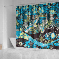 Japanese Hawaiian Crane Shower Curtain Blue Tapa Patchwork Pattern