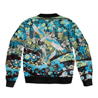 Japanese Hawaiian Crane Sleeve Zip Bomber Jacket Blue Tapa Patchwork Pattern