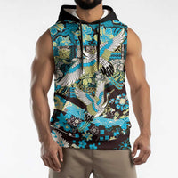 Japanese Hawaiian Crane Sleeveless Hoodie Blue Tapa Patchwork Pattern
