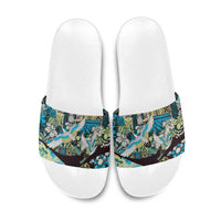 Japanese Hawaiian Crane Slide Sandals Blue Tapa Patchwork Pattern