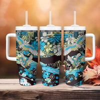 Japanese Hawaiian Crane Tumbler With Handle Blue Tapa Patchwork Pattern