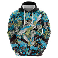 Japanese Hawaiian Crane Zip Hoodie Blue Tapa Patchwork Pattern