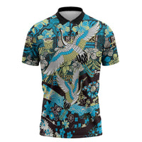 Japanese Hawaiian Crane Zipper Polo Shirt Blue Tapa Patchwork Pattern