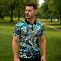 Japanese Hawaiian Crane Zipper Polo Shirt Blue Tapa Patchwork Pattern