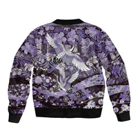 Japanese Hawaiian Crane Bomber Jacket Purple Tapa Patchwork Pattern