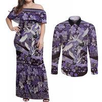 Japanese Hawaiian Crane Couples Matching Off Shoulder Maxi Dress and Long Sleeve Button Shirt Purple Tapa Patchwork Pattern