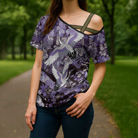 Japanese Hawaiian Crane Cross Shoulder Shirt Purple Tapa Patchwork Pattern