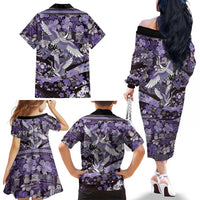 Japanese Hawaiian Crane Family Matching Off The Shoulder Long Sleeve Dress and Hawaiian Shirt Purple Tapa Patchwork Pattern