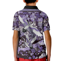 Japanese Hawaiian Crane Kid Polo Shirt Purple Tapa Patchwork Pattern