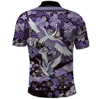 Japanese Hawaiian Crane Polo Shirt Purple Tapa Patchwork Pattern