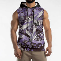 Japanese Hawaiian Crane Sleeveless Hoodie Purple Tapa Patchwork Pattern