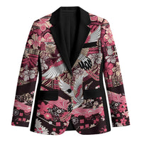 Japanese Hawaiian Crane Blazer Soft Pink Tapa Patchwork Pattern