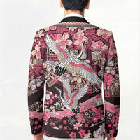 Japanese Hawaiian Crane Blazer Soft Pink Tapa Patchwork Pattern