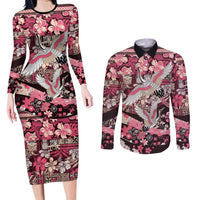 Japanese Hawaiian Crane Couples Matching Long Sleeve Bodycon Dress and Long Sleeve Button Shirt Soft Pink Tapa Patchwork Pattern