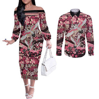 Japanese Hawaiian Crane Couples Matching Off The Shoulder Long Sleeve Dress and Long Sleeve Button Shirt Soft Pink Tapa Patchwork Pattern