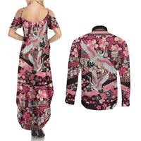 Japanese Hawaiian Crane Couples Matching Summer Maxi Dress and Long Sleeve Button Shirt Soft Pink Tapa Patchwork Pattern