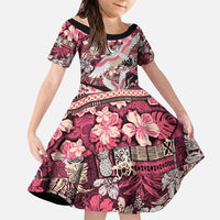 Japanese Hawaiian Crane Family Matching Off The Shoulder Long Sleeve Dress and Hawaiian Shirt Soft Pink Tapa Patchwork Pattern