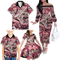 Japanese Hawaiian Crane Family Matching Off The Shoulder Long Sleeve Dress and Hawaiian Shirt Soft Pink Tapa Patchwork Pattern