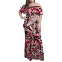 Japanese Hawaiian Crane Family Matching Off Shoulder Maxi Dress and Hawaiian Shirt Soft Pink Tapa Patchwork Pattern