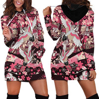 Japanese Hawaiian Crane Hoodie Dress Soft Pink Tapa Patchwork Pattern