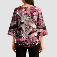 Japanese Hawaiian Crane Kimono Sleeve Blouse Soft Pink Tapa Patchwork Pattern