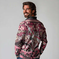 Japanese Hawaiian Crane Long Sleeve Polo Shirt Soft Pink Tapa Patchwork Pattern