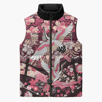 Japanese Hawaiian Crane Sleeveless Puffer Jacket Soft Pink Tapa Patchwork Pattern