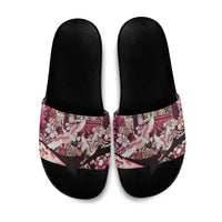 Japanese Hawaiian Crane Slide Sandals Soft Pink Tapa Patchwork Pattern