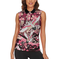 Japanese Hawaiian Crane Women Sleeveless Polo Shirt Soft Pink Tapa Patchwork Pattern