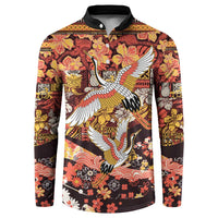 Japanese Hawaiian Crane Button Sweatshirt Yellow Ochre Tapa Patchwork Pattern