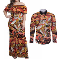Japanese Hawaiian Crane Couples Matching Off Shoulder Maxi Dress and Long Sleeve Button Shirt Yellow Ochre Tapa Patchwork Pattern