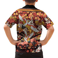 Japanese Hawaiian Crane Family Matching Off The Shoulder Long Sleeve Dress and Hawaiian Shirt Yellow Ochre Tapa Patchwork Pattern LT9 - Polynesian Pride